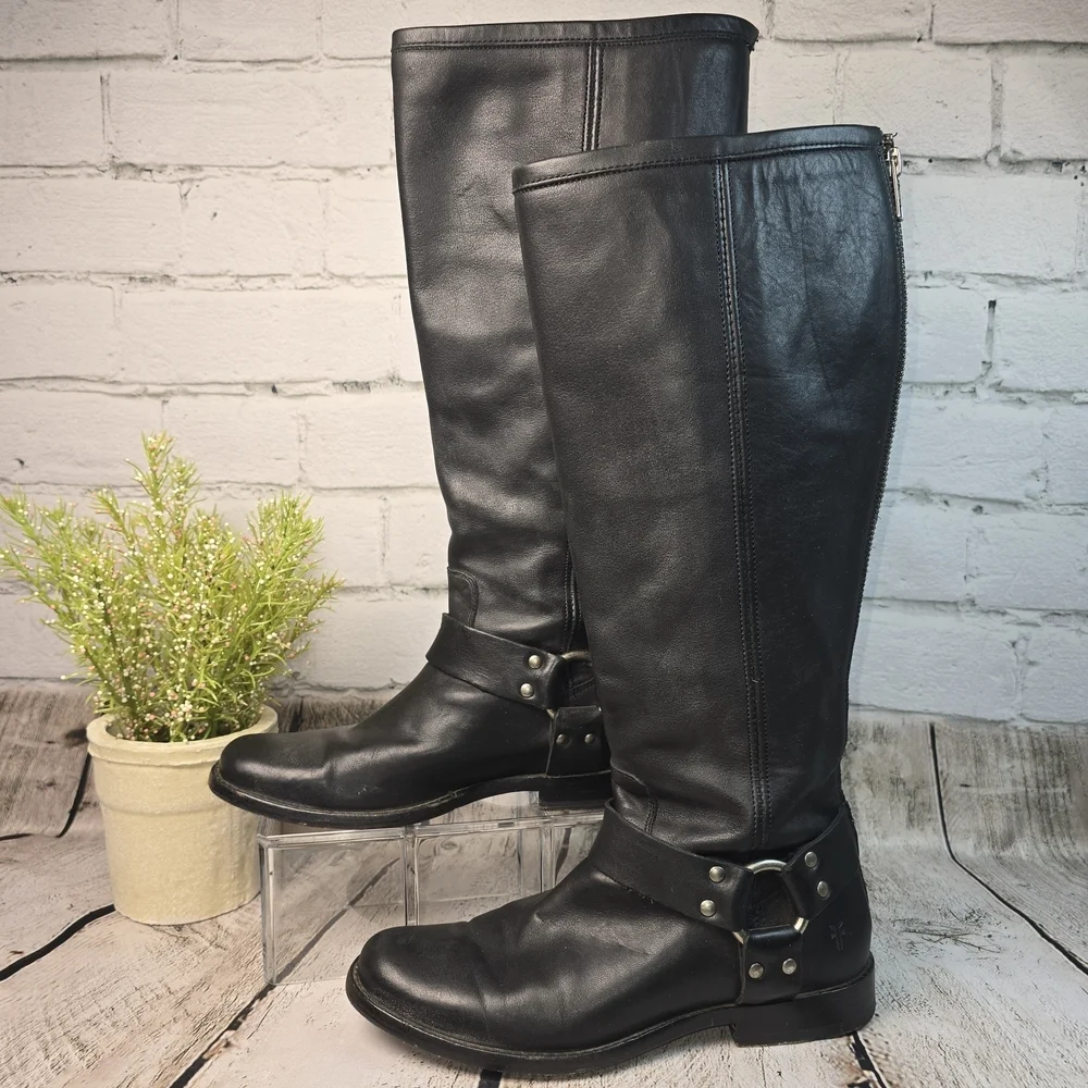 FRYE PHILLIP HARNESS TALL BLACK LEATHER BOOT FULL ZIP BIKER WOMENS 6 EUC